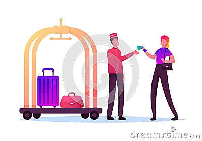 Tourist Female Character Giving Tips to Doorman in Uniform Deliver her Luggage in Room. Hospitality Service Vector Illustration