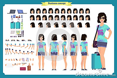 Tourist female, vacation traveller character creation set. Full length, views, emotions, gestures Vector Illustration