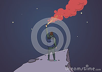 Tourist with the flare on a mountain looking at the stars. Backpacker on a rock sending SOS. Torch in the night. Sky Vector Illustration