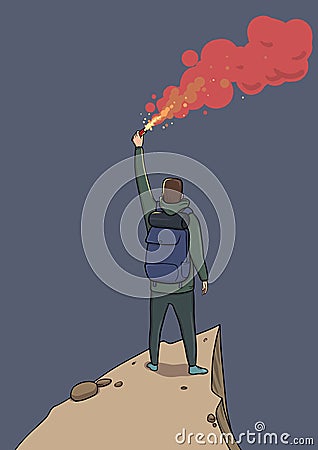 Tourist with the flare on a mountain is looking at the stars. Backpacker on a rock. Torch in the night. Blue sky full of Vector Illustration