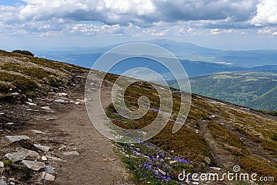 Tourist footpath in sunny day, Rila mountains, Bulgaria Stock Photo