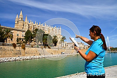 tourist in front of Majorca Palma Cathedral at Balearic Islan Stock Photo