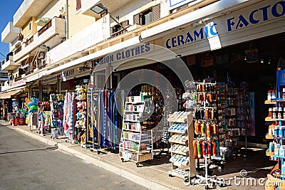 Tourist gift shops, Hersonissos. Editorial Stock Photo