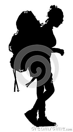 Tourist girl with backpack vector silhouette. Camping woman traveling hiking. Traveler around the world. Cartoon Illustration