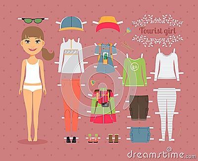 Tourist Girl Paper Doll with Clothes and Shoes Vector Illustration
