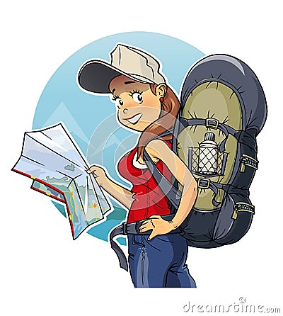 Tourist girl with rucksack and map Cartoon Illustration