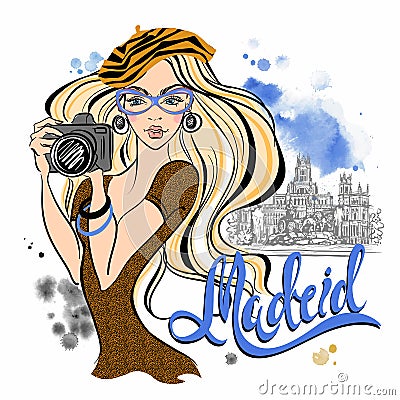 Tourist girl in Spain. Madrid. Photographs the sights. Vector. Travel Stock Photo