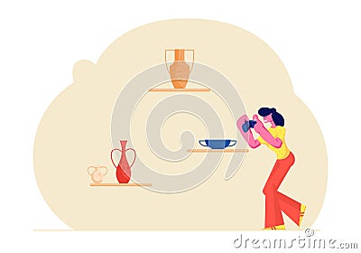 Tourist Girl Visiting Museum of Ancient History, Watching and Photographing Old Vases, on Photo Camera. Education, Tourism Vector Illustration