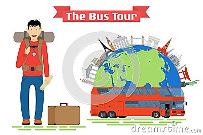 Tourist goes to The Bus Tour of popular familiar landmarks. Vector Illustration