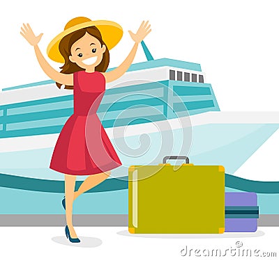 Tourist goes to the cruise liner with a suitcase. Vector Illustration
