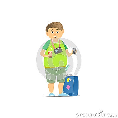 A tourist in a green T-shirt and suitcase. Vector Illustration