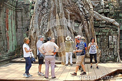 Tourist group ancient Ta prohm temple Angkor, Cambodia Editorial Stock Photo