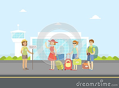 Tourist Guide Waiting for Guests at Airport, Group of Cheerful Tourist with Luggage Standing in Front of Airport Vector Illustration