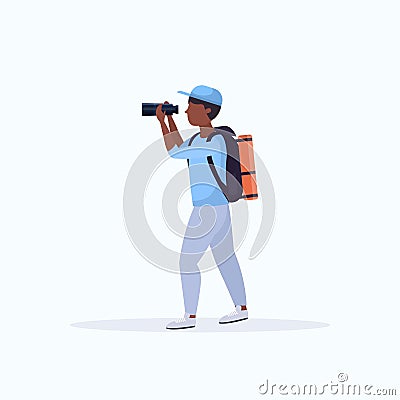 Tourist hiker with backpack looking through binoculars hiking concept african american traveler on hike full length flat Vector Illustration