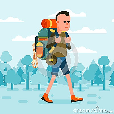 Tourist hiker wlking with backpack Vector Illustration