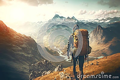 Tourist with Hiking Travel Backpack stopped on hill and looks at snowy mountains in advance Stock Photo