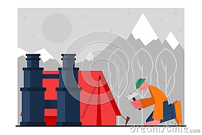 Tourist holding hammer and sets up tent. Journey to mountains. Time for hiking and camping Vector Illustration