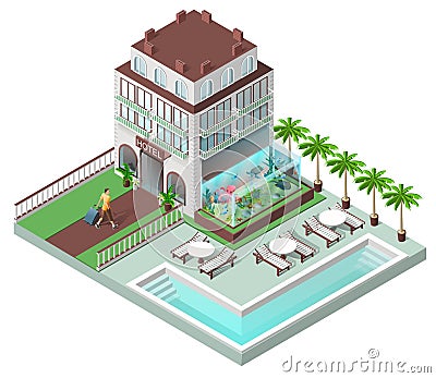 Tourist hotel and sun loungers by pool Vector Illustration