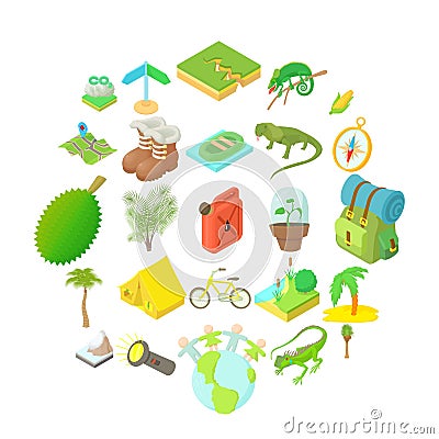 Tourist icons set, cartoon style Vector Illustration