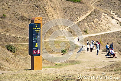 Tourist information pole indicating the place of Kok Zhailau and campsite in Almaty mountains, Kazakhstan Editorial Stock Photo