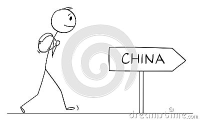 Tourist on Journey to China, Vector Cartoon Stick Figure Illustration Vector Illustration