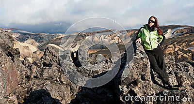 Tourist at Landmannalaugar lava field Stock Photo