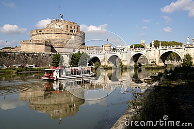Tourist launch cruising the River Tiber, Rome Editorial Stock Photo