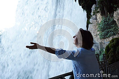 A tourist in love with famous waterfalls in Edessa Stock Photo