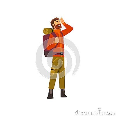 Tourist man with backpack, outdoor adventures, travel, camping, backpacking trip or expedition vector Illustration Vector Illustration