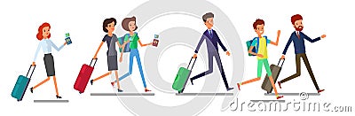 Tourist man and woman running. Traveling people in trip wear with luggage hurry, late for plane or registration. Front Vector Illustration