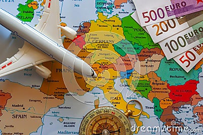 Tourist map of europe with boeing and compass for travel Stock Photo