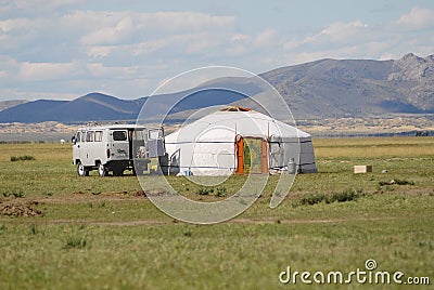 Tourist mini bus parked at the yurt, circa Harhorin, Mongolia. Editorial Stock Photo