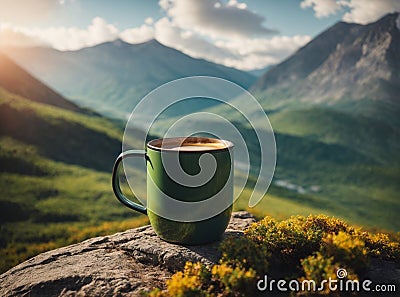 tourist mug with hot coffee against the backdrop of mountains on a hike Stock Photo