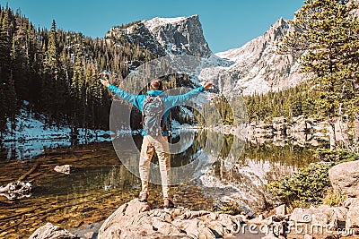 Tourist near Dream Lake in Colorado Stock Photo