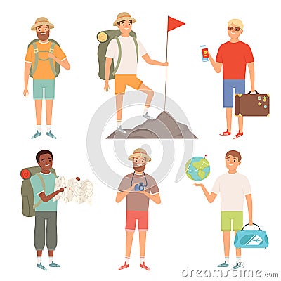 Tourist. Outdoor characters travellers hiking backpacker vector peoples adventure collection Vector Illustration