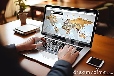 Tourist planning vacation use laptop for search and check hotel and travel accessories on table Stock Photo