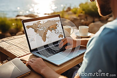 Tourist planning vacation use laptop for search and check hotel and travel accessories on table Stock Photo