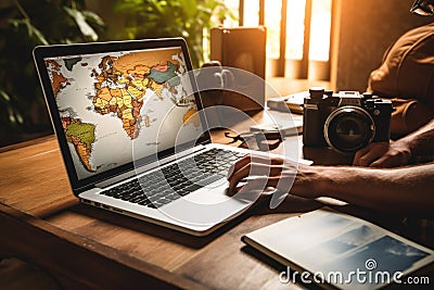 Tourist planning vacation use laptop for search and check hotel and travel accessories on table Stock Photo