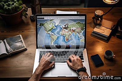 Tourist planning vacation use laptop for search and check hotel and travel accessories on table Stock Photo