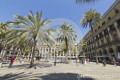 Tourist on Plaza Real in Barcelona, Spain Editorial Stock Photo