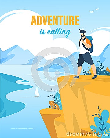 Tourist Poster Inscription Adventure is Calling. Vector Illustration