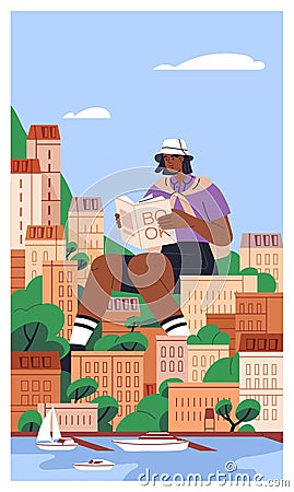 Tourist reading city guide, travel book. Big character reader with encyclopedia at seaside among buildings, relaxing on Vector Illustration