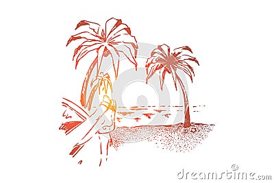 Tourist resting on exotic sand beach, relaxation on sunny sea shore, summer vacation, holiday recreation Vector Illustration