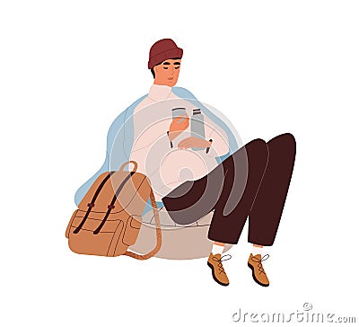 Tourist resting and warming with hot drink from thermos. Hiker with backpack relaxing. Backpacker man during relaxation Vector Illustration