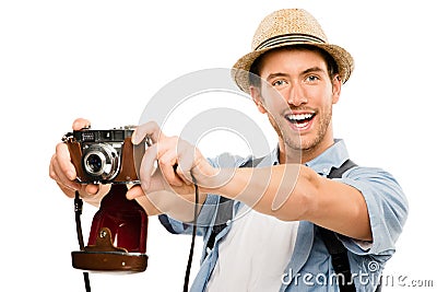 Tourist retro camera travel photographer Stock Photo