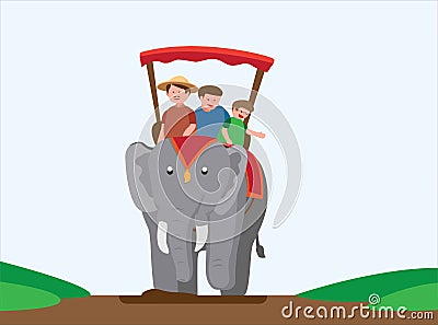 Tourist riding elephant acros the river, holiday travel with family in asian. cartoon flat illustration vector Vector Illustration