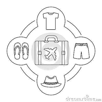 Tourist`s suitcase contents linear icons set Vector Illustration