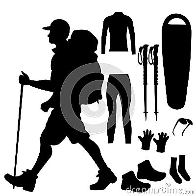 Tourist set. Logo hiking, sleeping bag, thermal underwear, glasses, trekking poles. Adventure travelers walking outdoors Cartoon Illustration