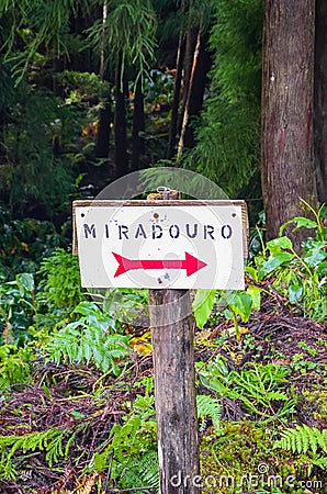 Tourist sign with a red arrow on the white field giving direction to a viewpoint. TRANSLATION: Miradouro - viewpoint in Portuguese Stock Photo