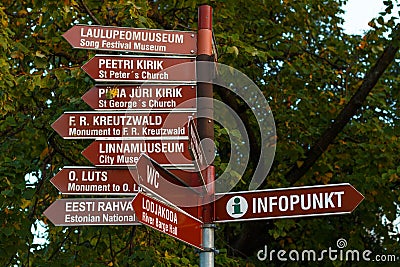 Tourist signs in Tartu, Estonia Editorial Stock Photo